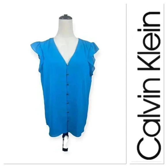 Calvin Klein blue flutter cap sleeve top with gold buttons size medium - Picture 1 of 10